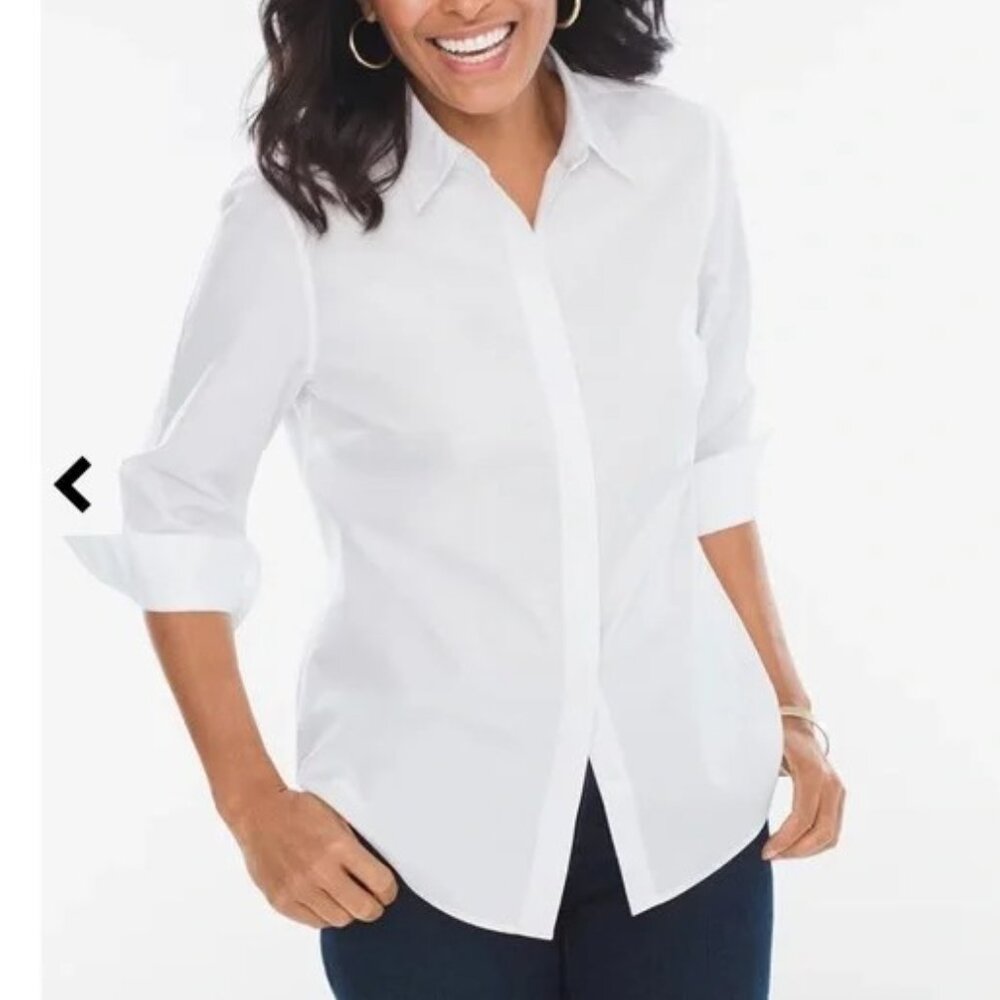 NWT Chico's No Iron 3P XLP Optic White Effortless 3/4 Sleeve Button Back Shirt